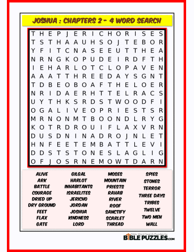 Printable Bible Word Search Activity Worksheet PDF - Joshua : Chapters 2 - 4