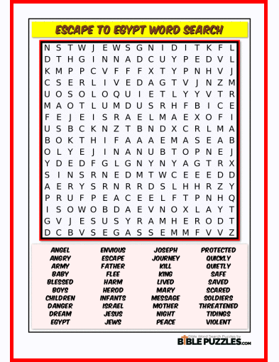 Printable Bible Word Search Activity Worksheet PDF - Escape to Egypt
